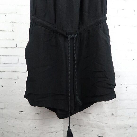 ANN TAYLOR LOFT BLACK SHORT SLEEVE ROUND NECK ROMPER WITH DRAWSTRING WAIST - Picture 8 of 10